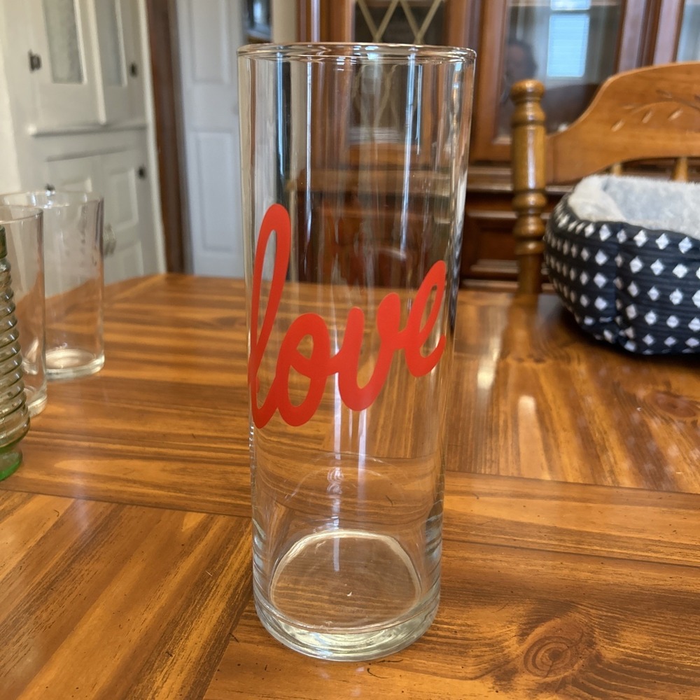 cylindrical clear glass vase Red LOVE Print 9.5